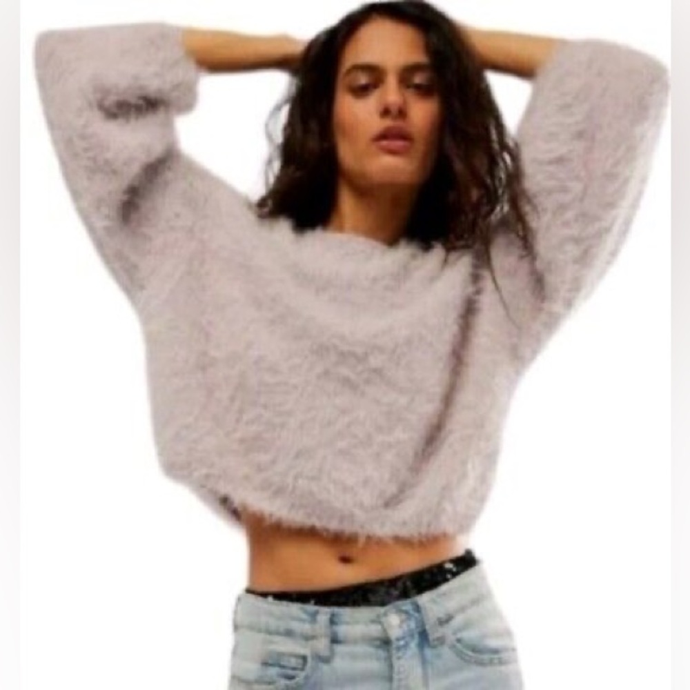 Free People Fuzzy Pop Star Cropped Eyelash Knit Lilac Light Purple Sweater